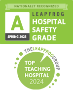 Leapfrog Safety Grade A and Top Teaching Hospital award badges