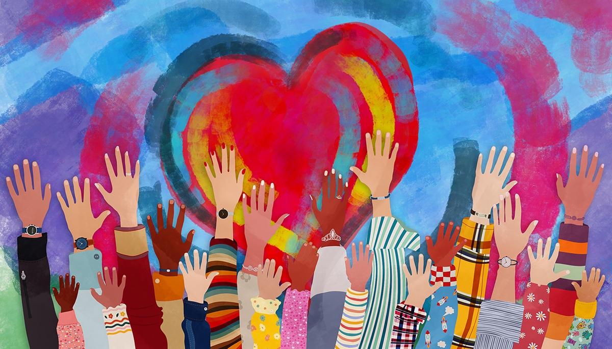 Illustration of diverse hands with a colorful heart background